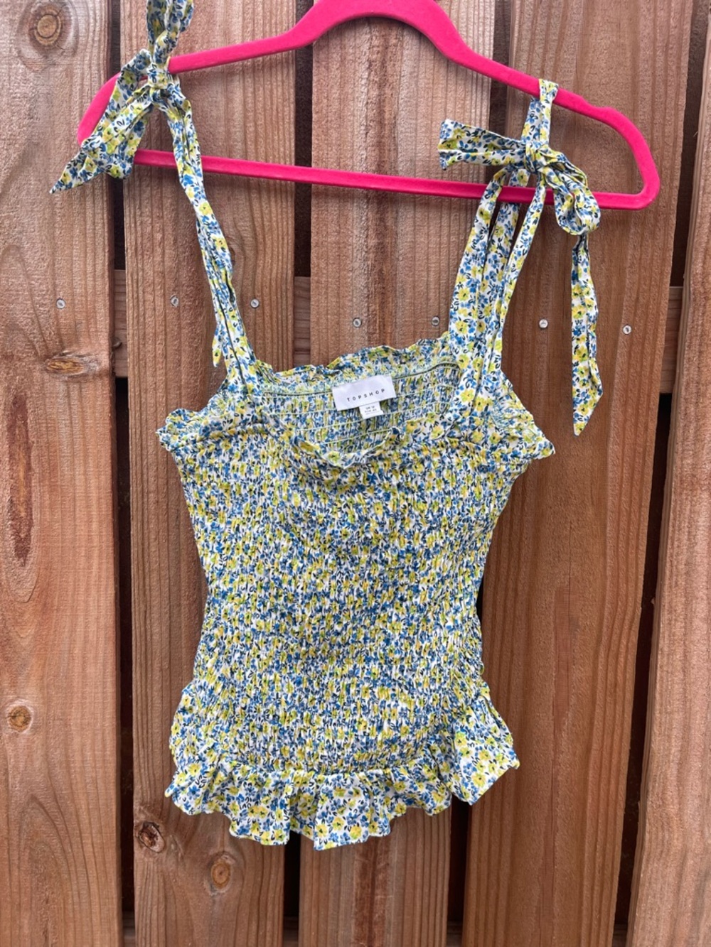 TopShop Yellow & Blue Floral Shirred Tank with Tie Straps Size 8